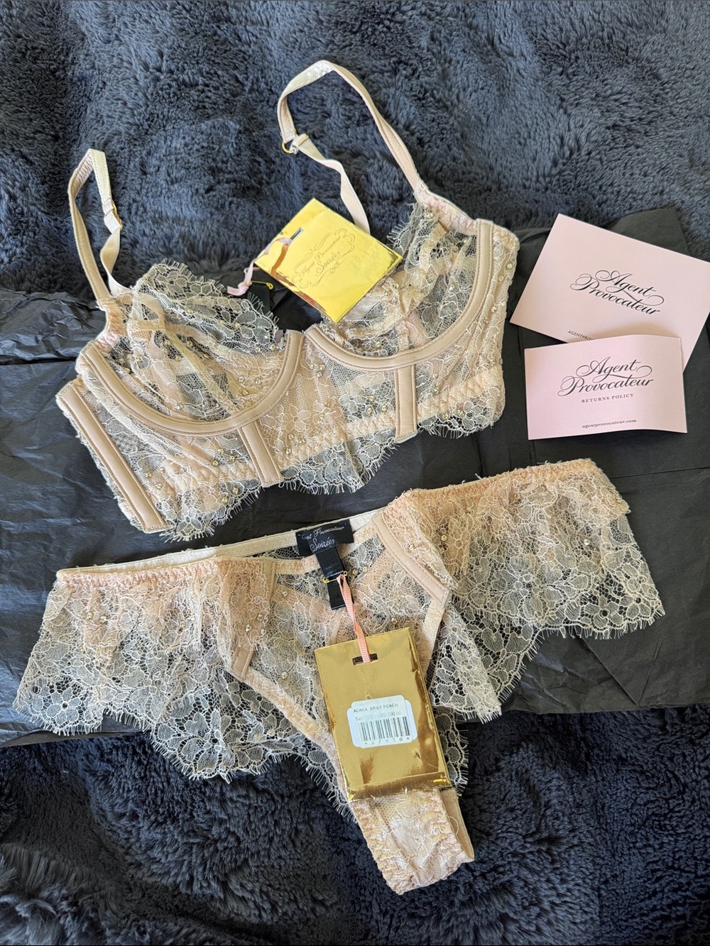 Agent Provocateur crystal Nude/Beige Lace Underwire Bra & Lace Brief Set